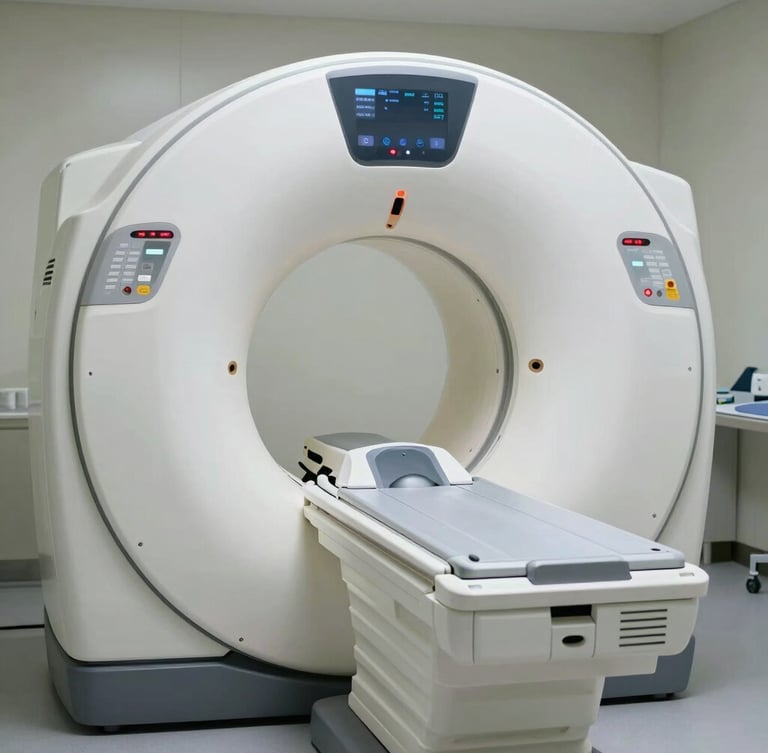 A close-up abstract view of a state-of-the-art MRI machine inside a minimalist, neutral-toned diagnostic bay, cool natural lighting.