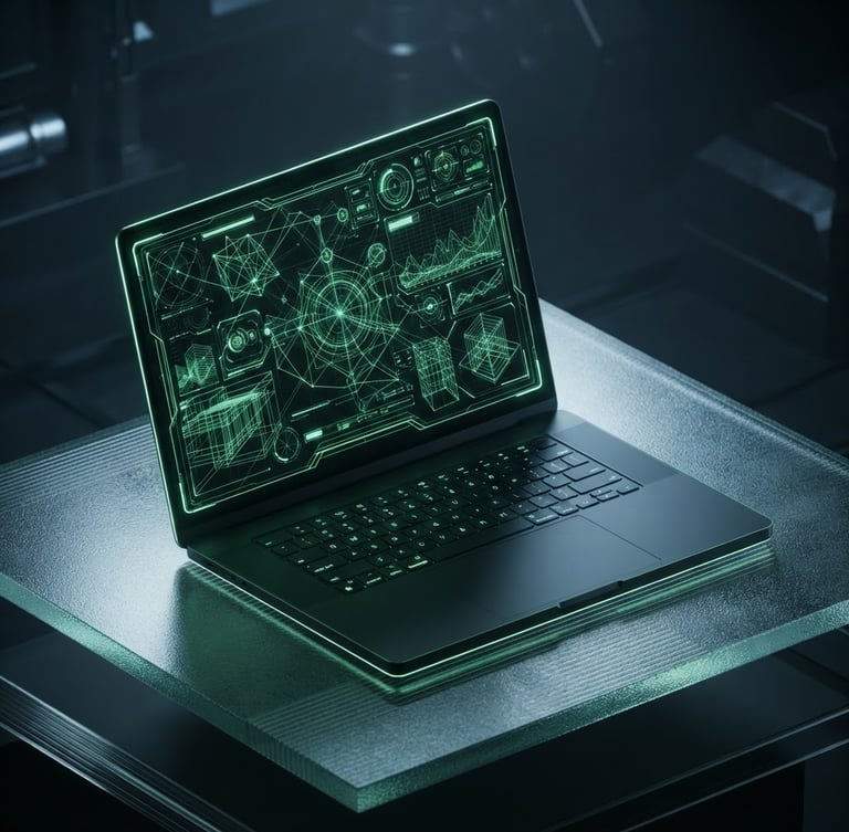 Sleek isometric laptop mockup displaying a dark high-fidelity user interface, sharp neon green glowing wireframe lines, moody studio rim-lighting on textured glass.