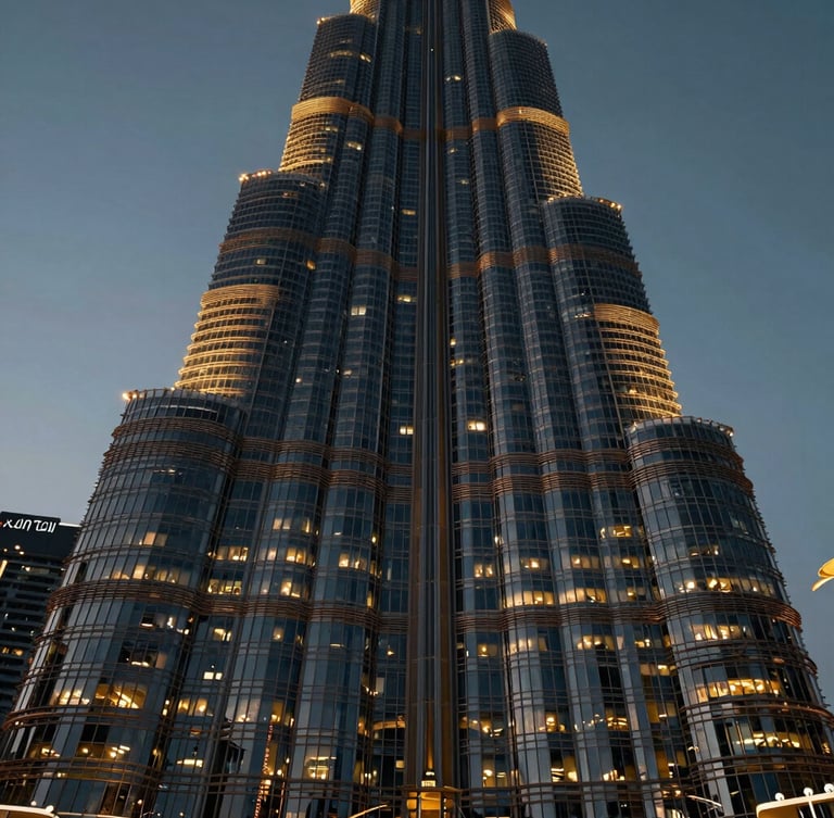 Moody close-up of a luxury skyscraper facade in Dubai at twilight, deep obsidian glass reflecting warm gold ambient lights, cinematic wide-angle
