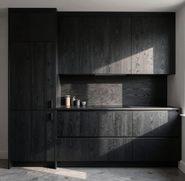 Straight-on architectural elevation of a custom black oak kitchen installation, soft directional morning light hitting the grain-matched cabinet faces, minimal styling, negative space.