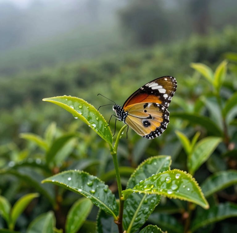 Close-up of vibrant green tea leaves with morning dew, a wild butterfly resting on a branch, soft natural forest background.