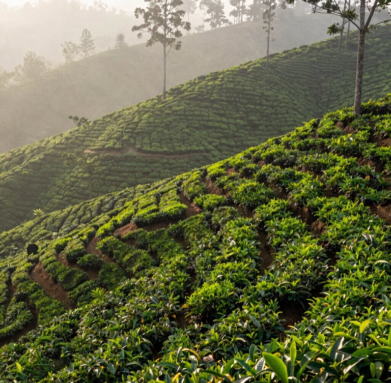 High-angle editorial corporate photography of misty highland tea plantation in Sri Lanka, deep forest greens, soft natural morning light, 35mm lens