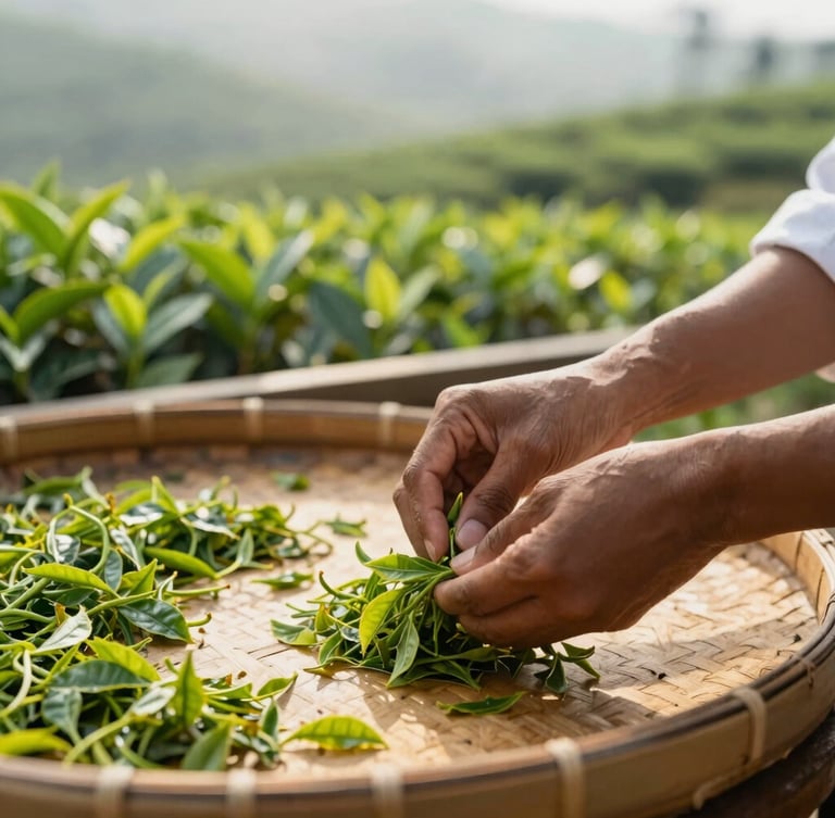 Close-up of hands carefully sorting fresh tea leaves in a traditional Colombo tea tasting and grading room, rich natural shadows, professional setup