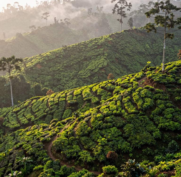 High-angle editorial corporate photography, misty Sri Lankan tea plantation, deep forest greens, soft natural morning light, 35mm lens