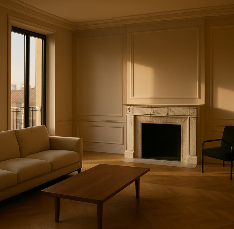 Sun-drenched interior of a luxury Madrid penthouse, herringbone oak floors, marble fireplace, soft golden-hour window light, minimalist styling