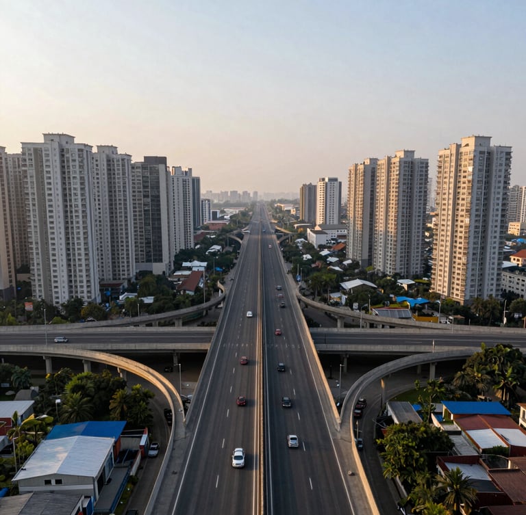 Wide-angle aerial drone shot of the multi-lane Dwarka Expressway at golden hour, symmetrical concrete flyovers, modern high-rise residential towers in the background, clean negative space.