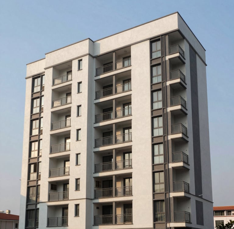 Wide architectural perspective of modern multi-story residential apartments in Dwarka Sector 19B under bright afternoon sun, clean lines, structured layout.