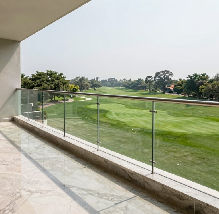 A close-up architectural perspective of a premium residential balcony with high-end marble flooring, modern glass railings, looking out over a lush green golf course in Dwarka Expressway under bright natural daylight.