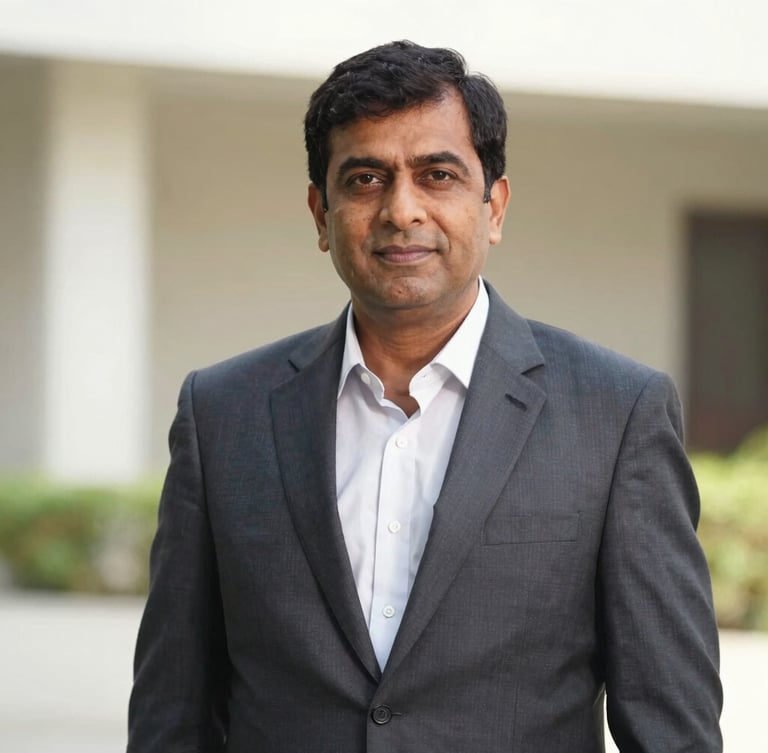 A professional portrait of Mr. Rohit, a real estate expert with ten years of experience, dressed in a tailored corporate suit, natural daylight, soft architectural background.