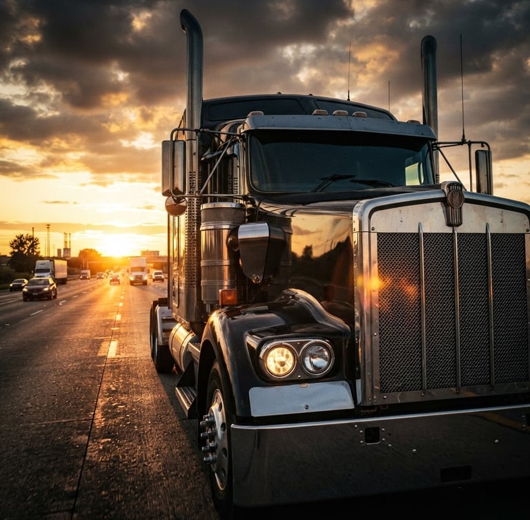 Low-angle heroic close-up of a clean semi-truck cab, dramatic golden hour sunlight reflecting off the chrome, high-contrast industrial tones, 35mm lens