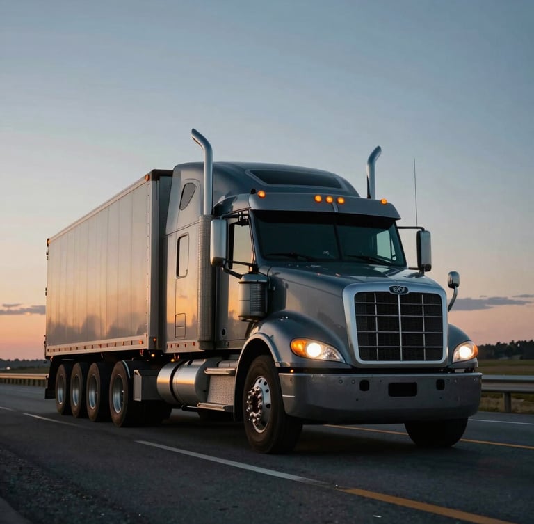 Low-angle cinematic shot of a powerful semi-truck in transit on an open North American highway during twilight, cool tones with bright orange sidelights