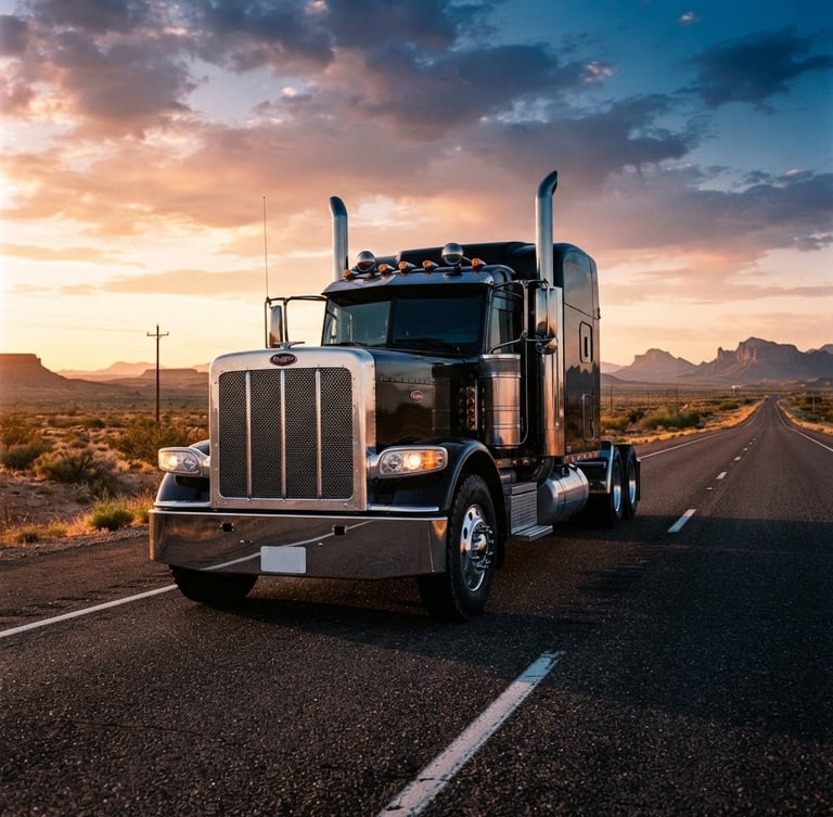 Low-angle heroic shot of a clean, powerful semi-truck cab on an open desert highway at golden hour, high-contrast industrial tones, 35mm lens