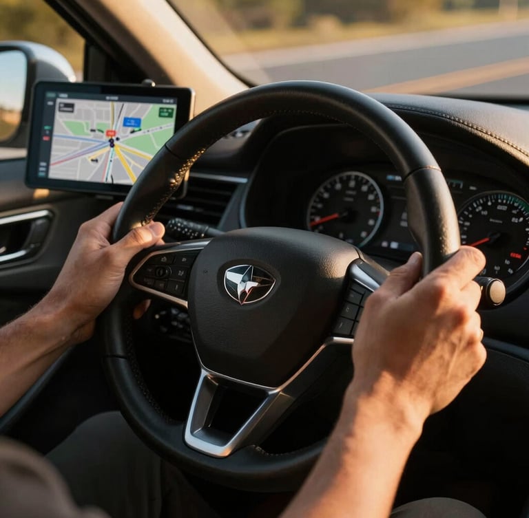 Close-up of a driver's hands on a steering wheel, a digital dispatch tablet mounted on the dashboard showing route maps and high revenue rates, warm cabin lighting