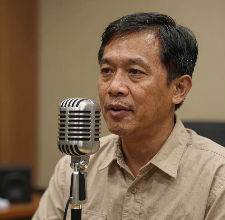 Close-up of a traditional Javanese radio broadcaster speaking into a vintage microphone inside a warm studio, soft focus background.