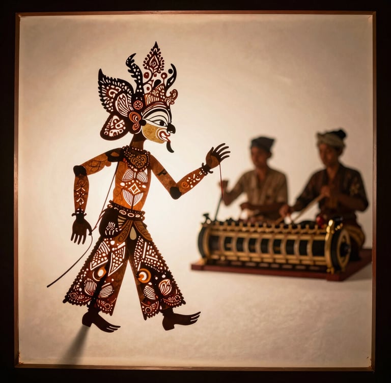 Intricate shadow puppet of Wayang Kulit behind a glowing white screen, warm orange light casting dramatic shadows, traditional gamelan players blurred in background
