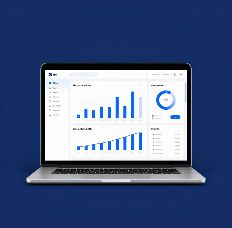 A clean minimalist laptop screen displaying a high-performance web dashboard with fast-loading charts, cool studio lighting, deep blue tones