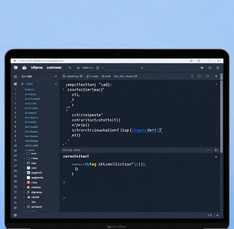 A close-up of a well-structured code editor displaying clean CSS and HTML on a dark screen, soft blue ambient light, minimalist tech setup