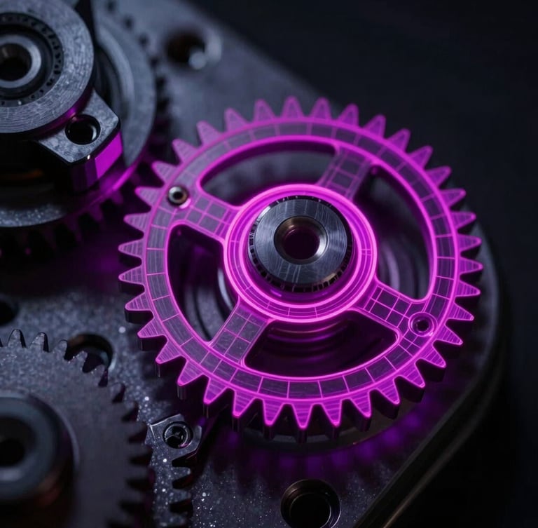 Macro shot of a high-end mechanical gear assembly, neon magenta laser wireframe overlay on the metallic surface, dark technical product photography, dramatic low-key lighting, 35mm