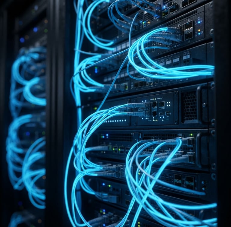 Macro view of a server rack with glowing blue network cables, dark mode 3d render, high contrast, screen-glow illumination.