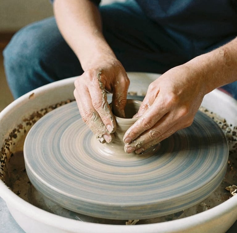 Close-up of hands working with clay on a pottery wheel in a sunlit studio, warm organic tones, authentic craft, 35mm film look