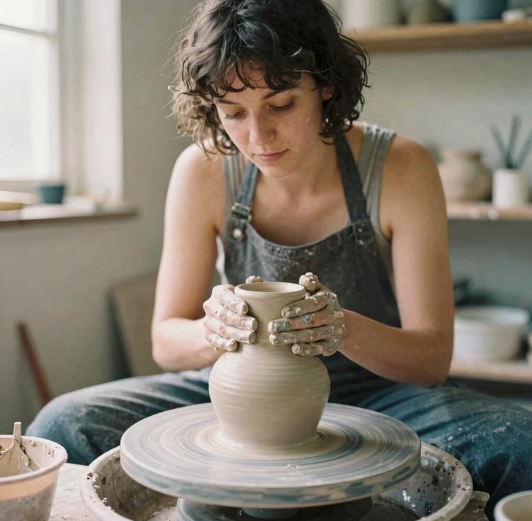 Intimate environmental portrait of a female ceramicist in her sunlit workshop, hands covered in clay shaping a vase, warm natural light, authentic 35mm film look.