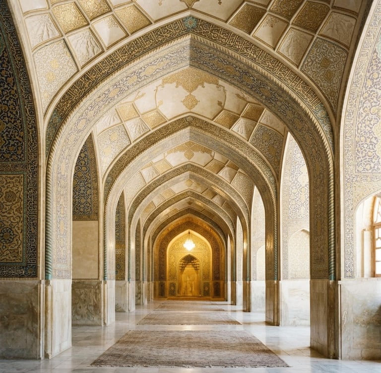 Bright Islamic architectural photography showing symmetrical arches, soft natural daylight, pale cream and gold tones, 35mm