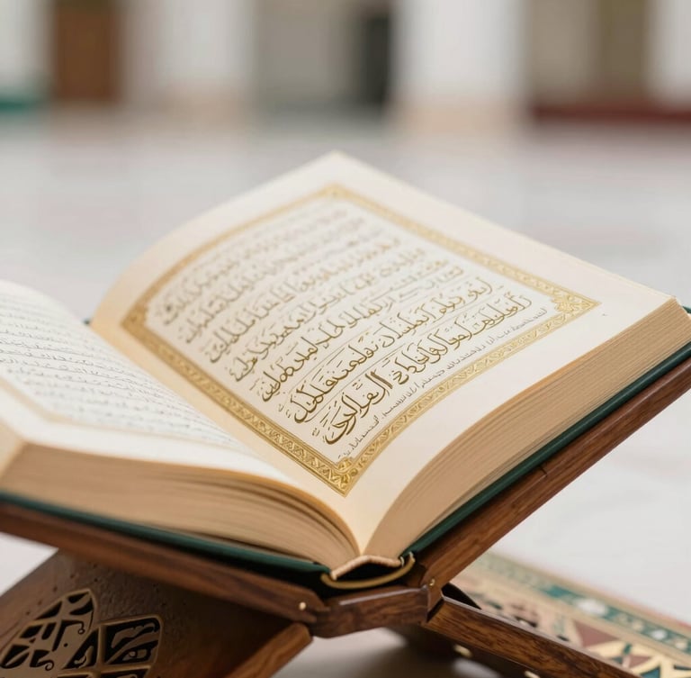 Close-up shot of an open Holy Quran with elegant gold-leaf borders on thick cream pages, resting on a carved wooden book stand, soft side-lighting, macro photography, shallow depth of field.
