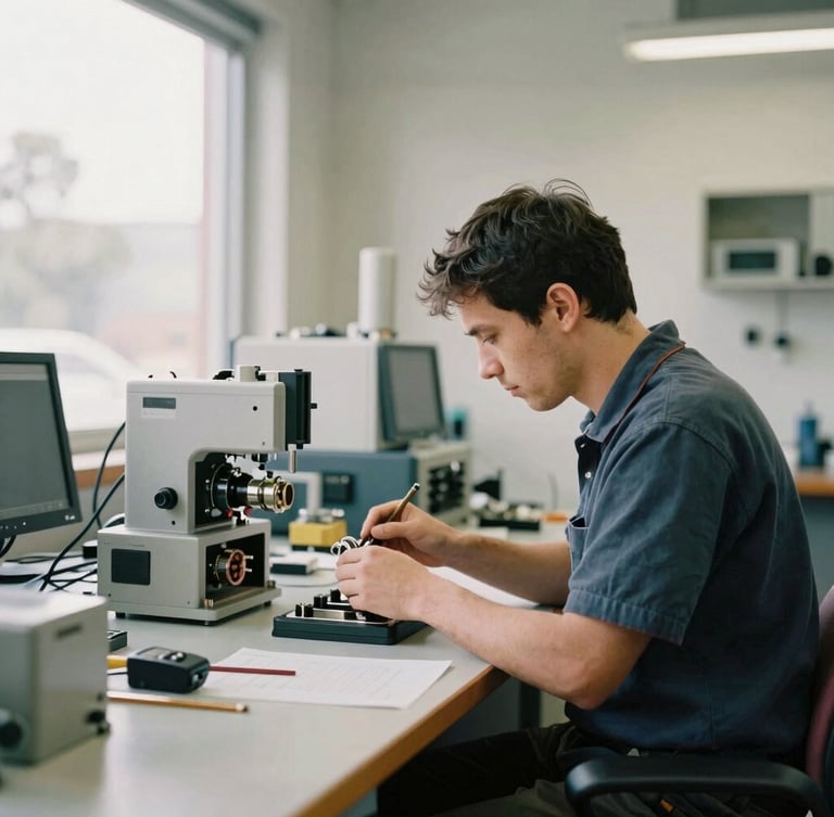 A clean, modern engineering workshop in Adelaide, a technician focused on a component, soft natural daylight, authentic editorial style.