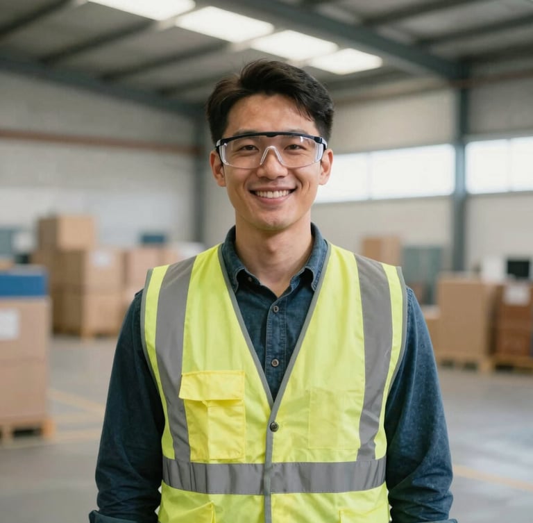 Medium environmental portrait of a professional recruiter wearing a high-visibility vest and safety glasses, standing in a modern Australian warehouse, smiling warmly, natural light