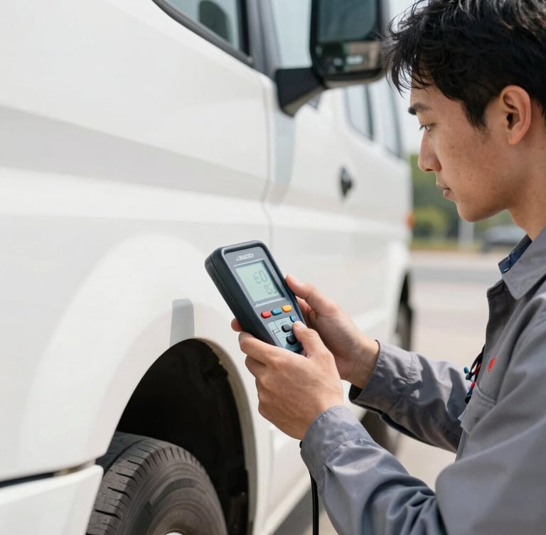 A certified inspector in a clean uniform holding a digital paint-depth gauge against a truck fender, bright daylight, 35mm lens.