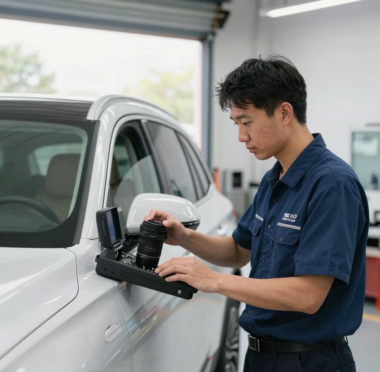 A certified technician running a diagnostic scan on a high-end SUV in a well-lit garage bay, 35mm lens