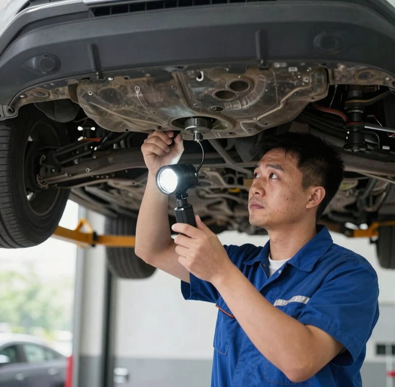 An automotive technician under a raised vehicle in a well-lit garage bay, examining the undercarriage with a professional inspection light, sharp focus.