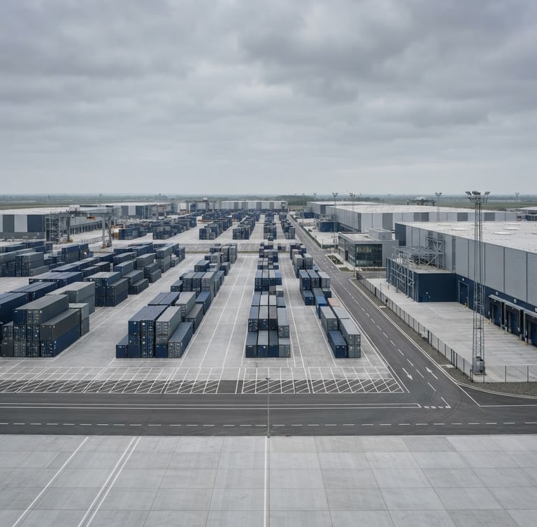 Wide panoramic view of a modern, clean logistics hub at dawn, structured cargo containers, neutral overcast daylight, desaturated navy and gray tones, sharp architectural focus, 35mm lens, no people.