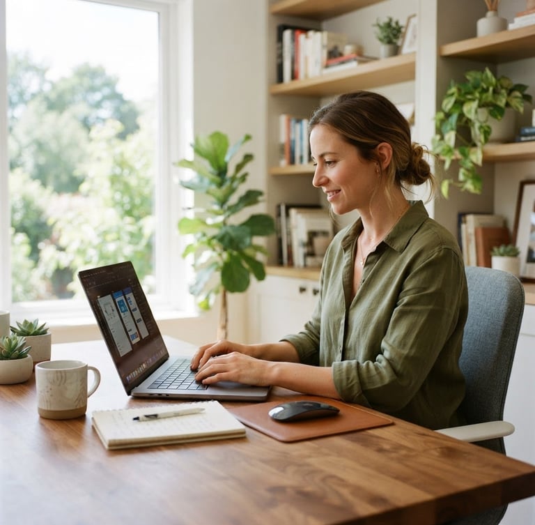 Bright modern home office with natural daylight, a professional working on a laptop, clean indoor environment, shallow depth of field, 35mm