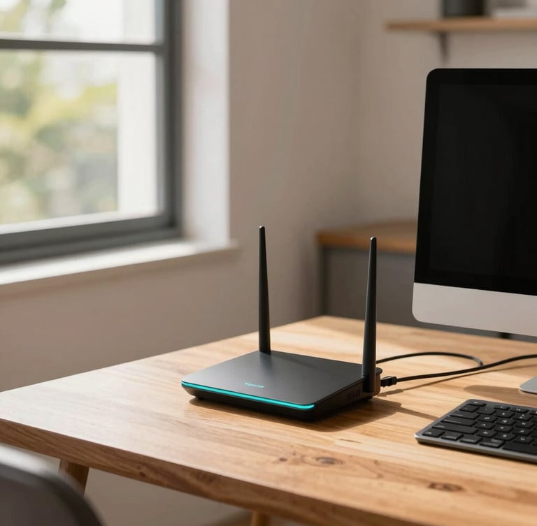 Bright modern home office in Brazil, a professional working on a computer with clean cable management, a sleek router with glowing teal LEDs on the wooden desk, warm natural daylight coming from a side window, 35mm photography