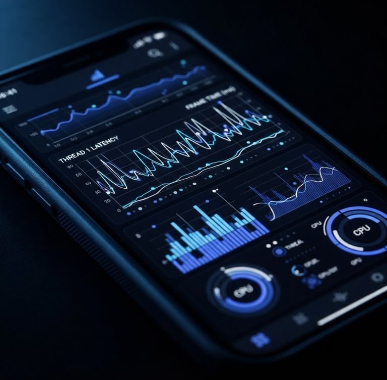 Macro shot of a high-resolution mobile screen displaying real-time thread telemetry and rendering frame rates, dark studio lighting with cool cobalt accents