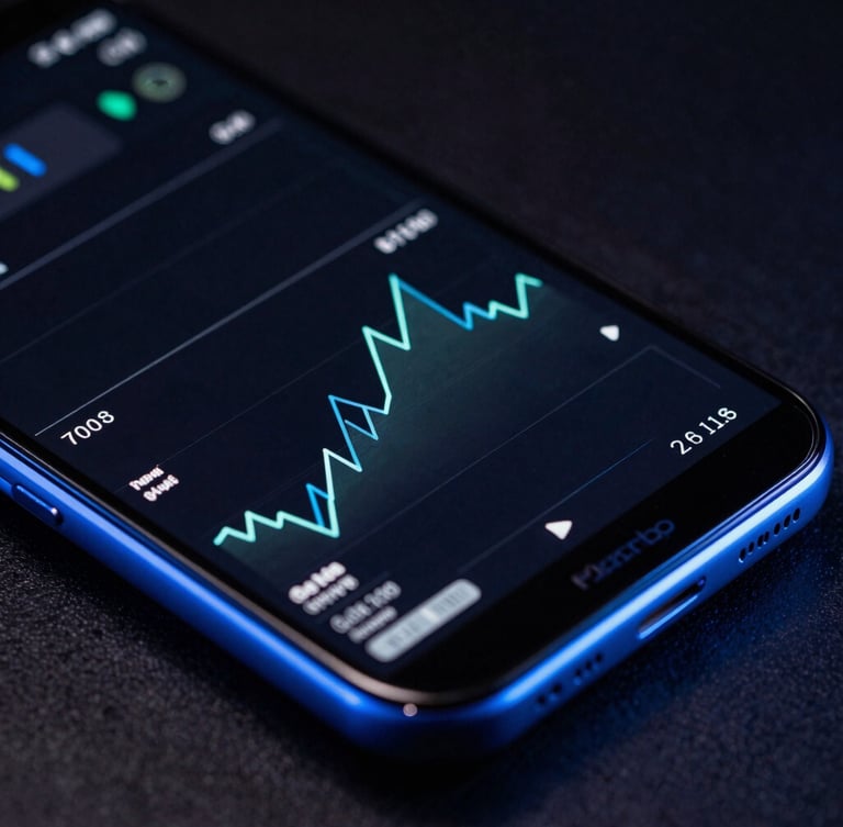 Macro studio photograph of a premium Android flagship screen showing a complex real-time telemetry graph, razor-sharp glass edge, cool cobalt rim light, dark technical editorial style