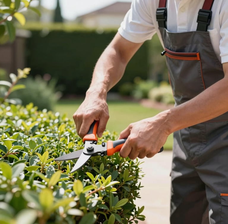 A professional gardener in clean workwear carefully pruning a hedge in a bright, sunlit backyard, high-end residential setting, sharp focus on hands and shears, natural daylight