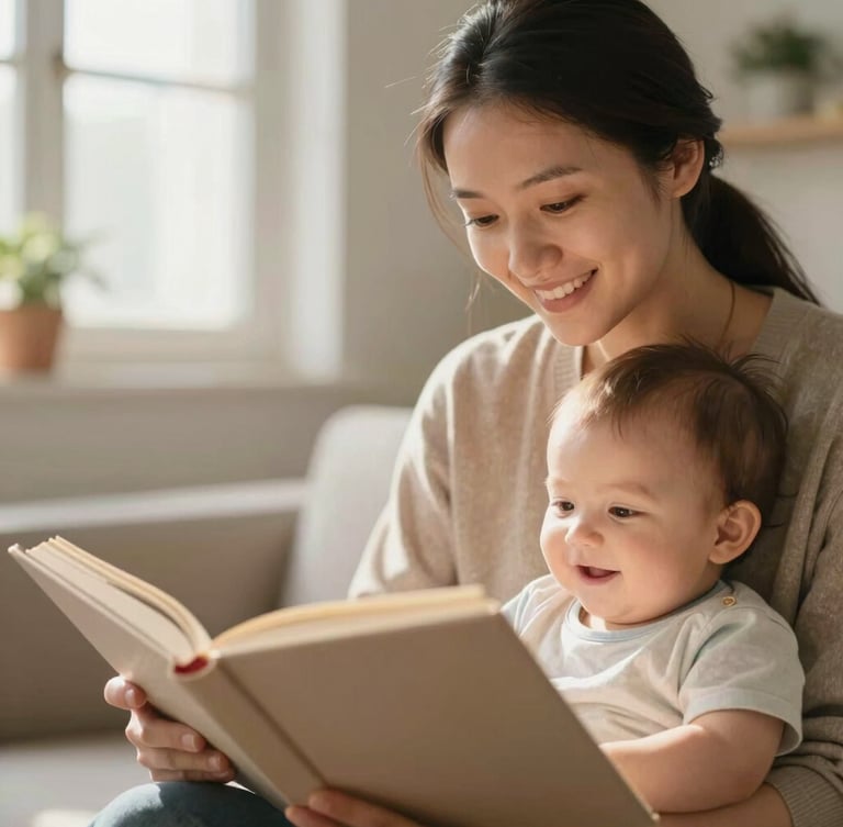 Close-up of a professional babysitter reading a book to a smiling child in a sunlit room, warm and natural lighting