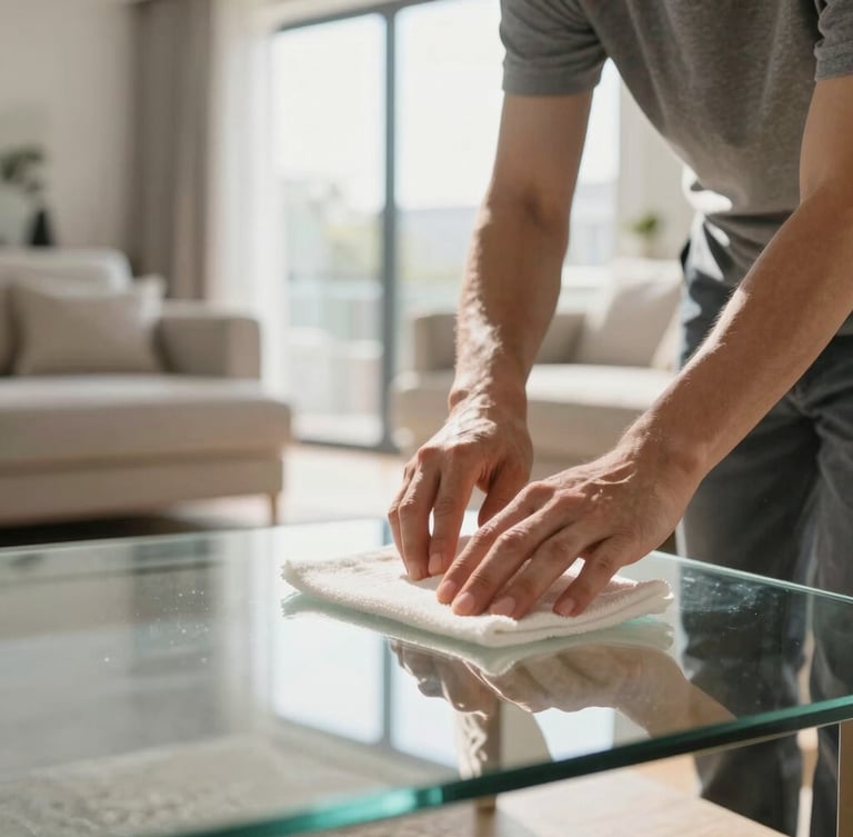 Bright natural daylight illuminating a pristine modern living room, a professional cleaner in the background carefully polishing a glass surface, focus on hands-at-work, editorial style.