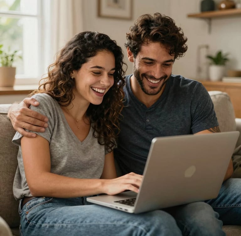 A happy Brazilian couple sitting on a cozy couch, looking at a laptop together and laughing, warm afternoon light, natural domestic setting.