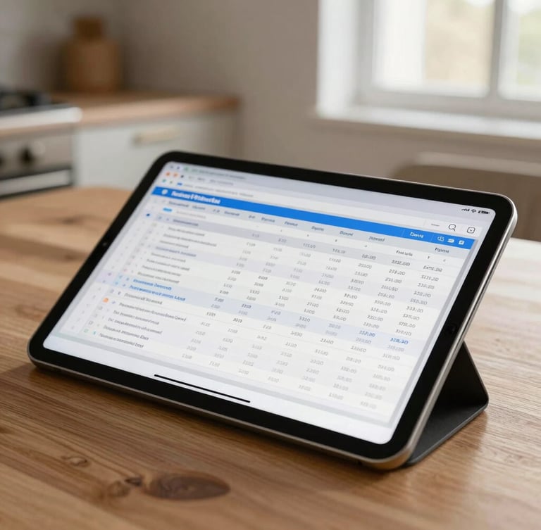 Warm, natural close-up of a modern tablet showing a clean financial spreadsheet on a wooden kitchen table, soft morning window light.