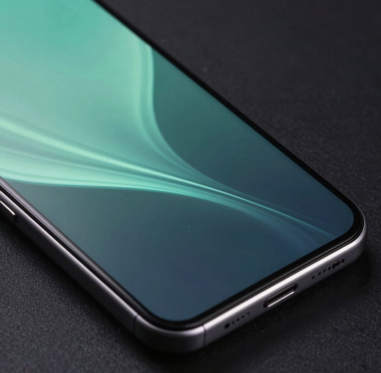 Extreme portrait close-up of a premium matte black Android flagship device screen showing a custom fluid transition, sharp rim light, cyber-mint ambient glow, dark background