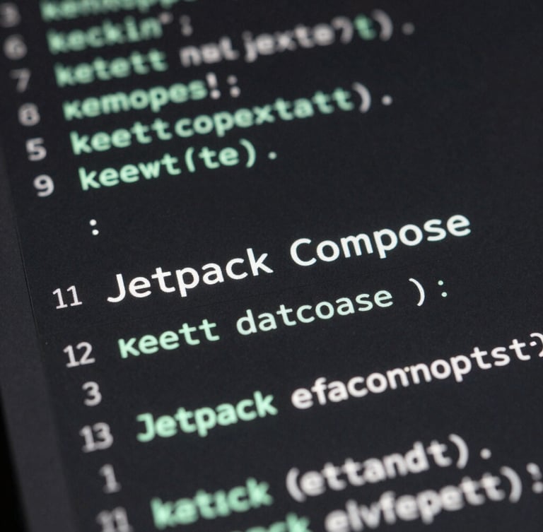 Extreme close-up of a dark-themed Android IDE displaying clean Kotlin code, with soft glowing cyber-mint syntax highlighting, shallow depth of field, sharp focus on a Jetpack Compose transition block.