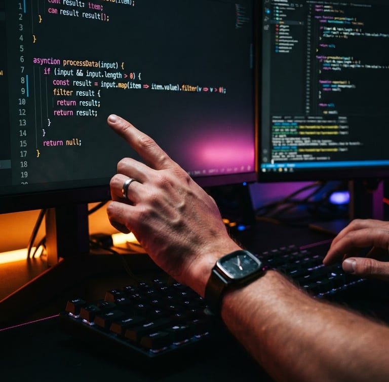 Macro close-up of a developer's hands analyzing clean code on a dual monitor, low-key dramatic studio lighting with neon amber and magenta edge-lights, casting sharp, purposeful shadows, 35mm