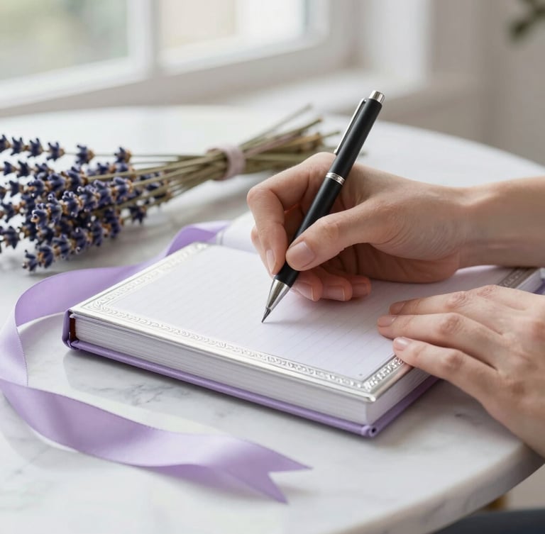 Close-up of hands writing in a silver-embossed journal on a white marble table, soft lavender ribbons and dried lavender stems nearby, diffused morning light, elegant boutique photography