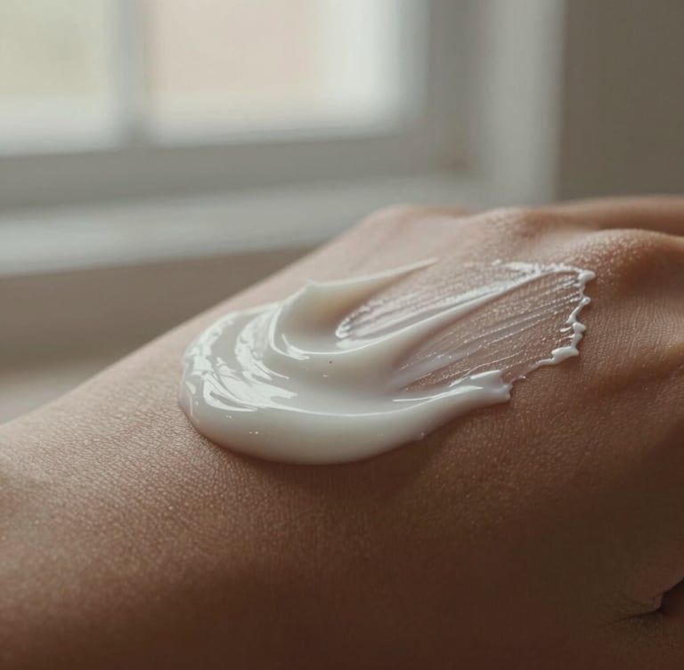 Macro close-up of rich cream lotion being slowly smoothed onto warm skin, soft afternoon window light, earthy cream and taupe tones