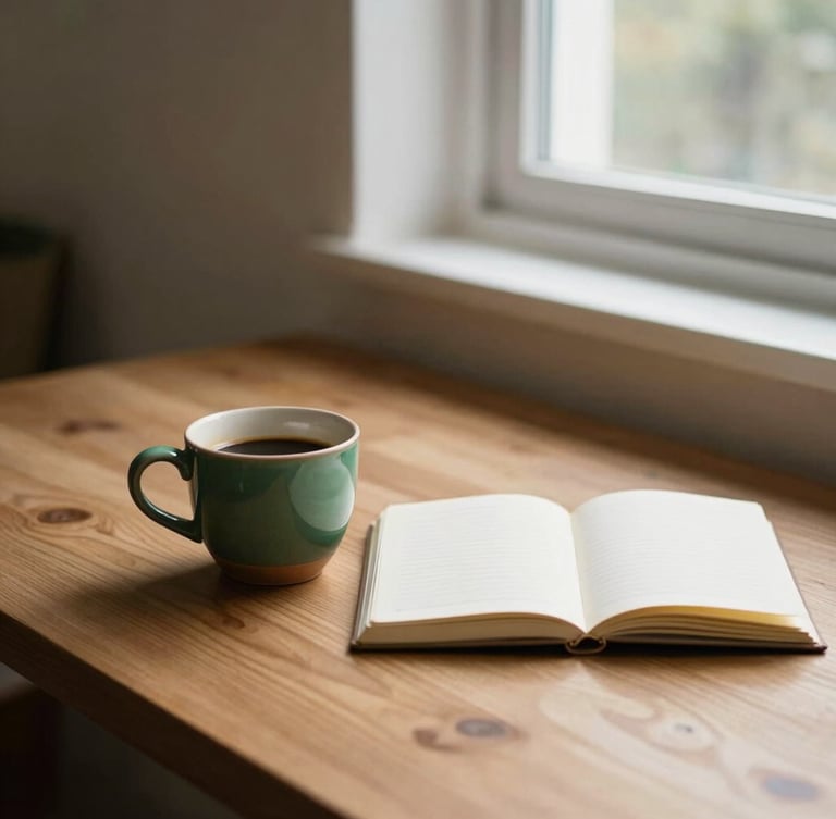 Warm-lit wooden workspace table with a ceramic coffee cup, open notebook, and soft natural window light, 35mm editorial photography