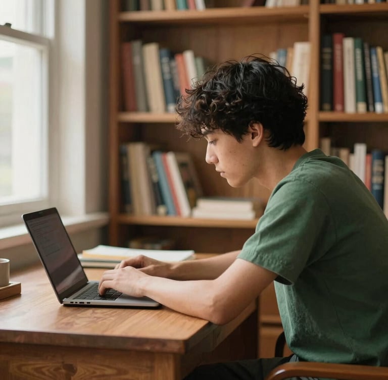 A side view of a patron deeply focused at a wooden desk, soft-lit bookshelf background, warm indirect natural light, 35mm editorial photography