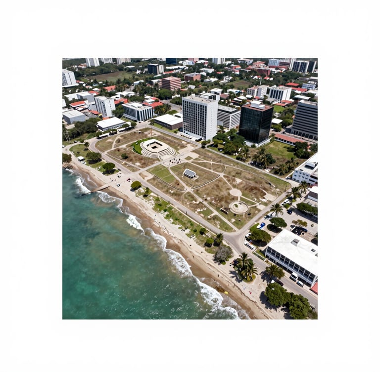 Aerial drone photography of a high-value coastal land plot in Veracruz, clean geometric borders, bright natural daylight, sharp focus, 35mm